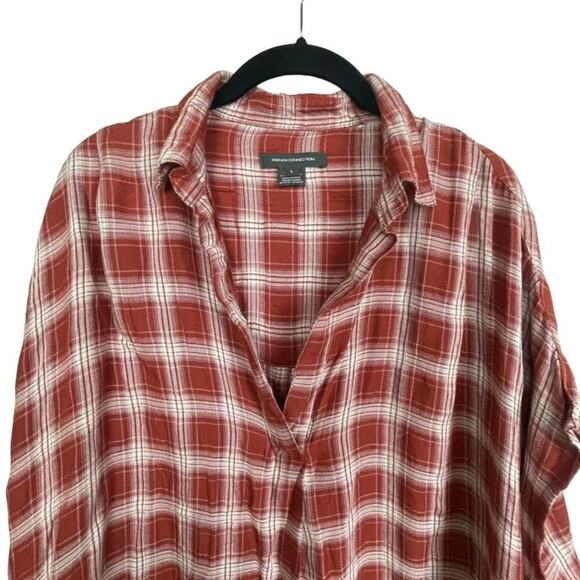 French Connection Over-sized Short Sleeve Plaid Popover Top Size L Red - Picture 3 of 6